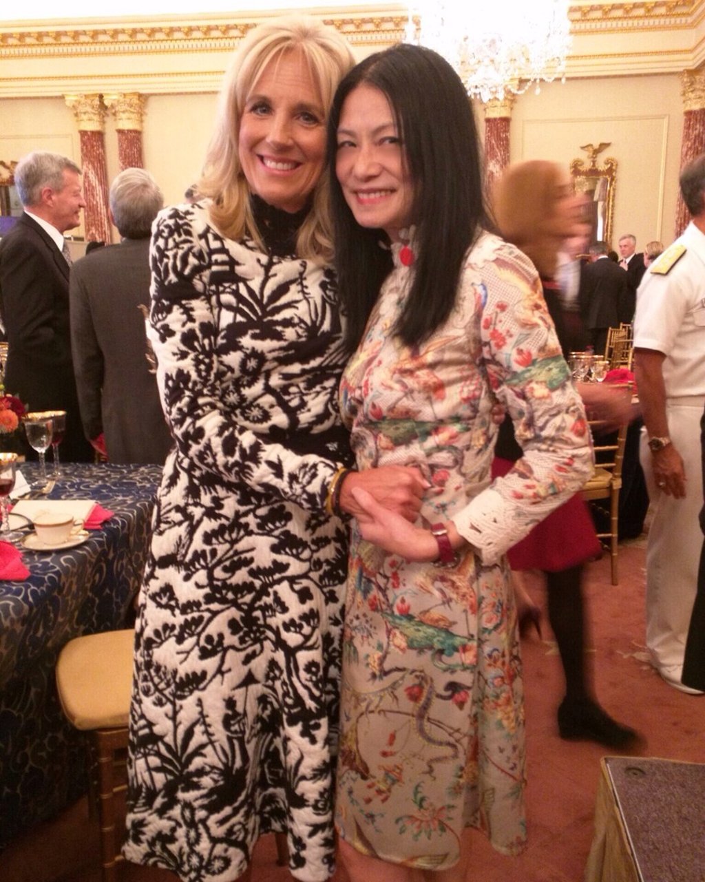 For the luncheon, Biden wore a black-and-white long-sleeved knitted jacquard dress. Photo: Vivienne Tam
