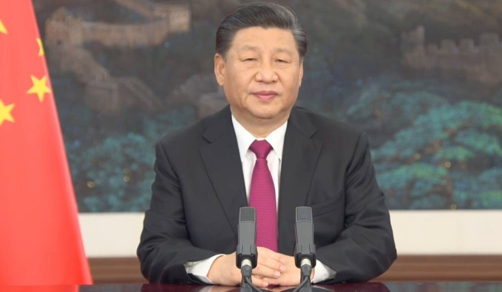 Chinese President Xi Jinping speaking via video call during a virtual meeting of the World Economic Forum’s Davos Agenda on Monday. Photo: EPA-EFE