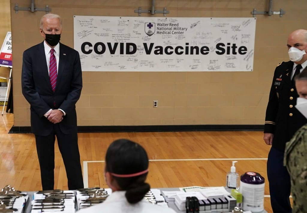 US President Joe Biden visits a coronavirus vaccination site during a visit to Walter Reed National Military Medical Centre in Bethesda, Maryland, on Friday. Photo: Reuters