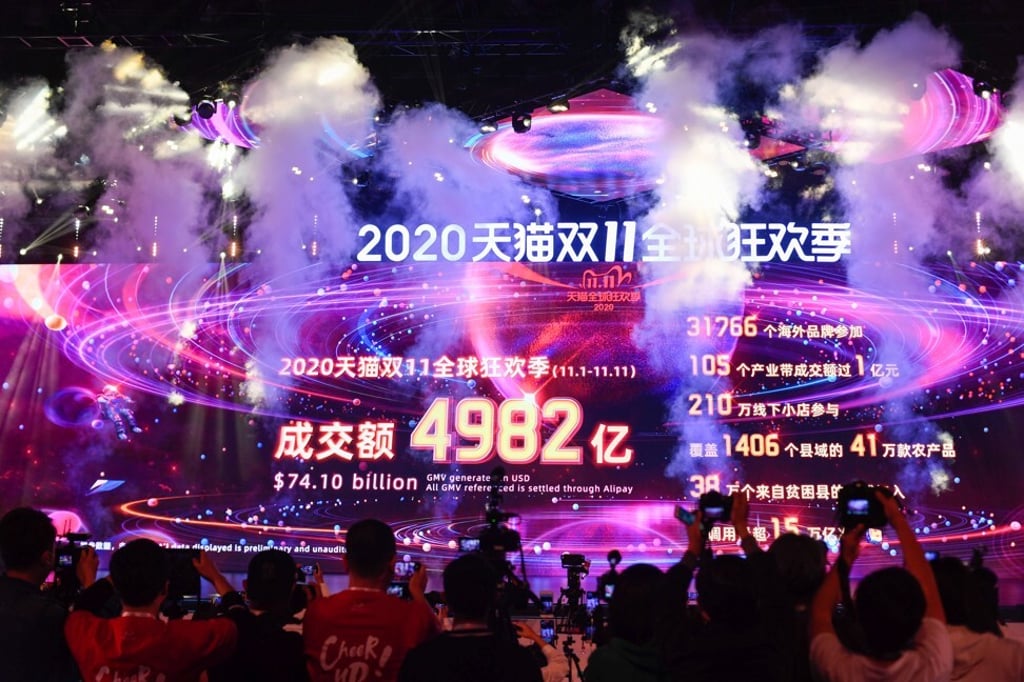 A giant screen shows the final tally of US$74.1 billion in gross merchandise volume for Alibaba Group Holding’s extended Singles’ Day campaign last year, as the e-commerce giant wrapped up its latest round of promotions on November 12. Photo: Xinhua A giant screen shows the final tally of US$74.1 billion in gross merchandise volume for Alibaba Group Holding’s extended Singles’ Day campaign last year, as the e-commerce giant wrapped up its latest round of promotions on November 12. Photo: Xinhua