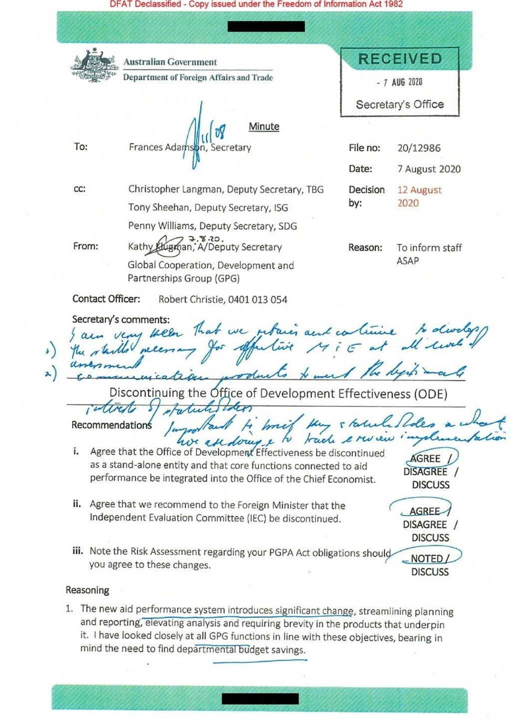 The DFAT minute obtained under freedom of information laws.