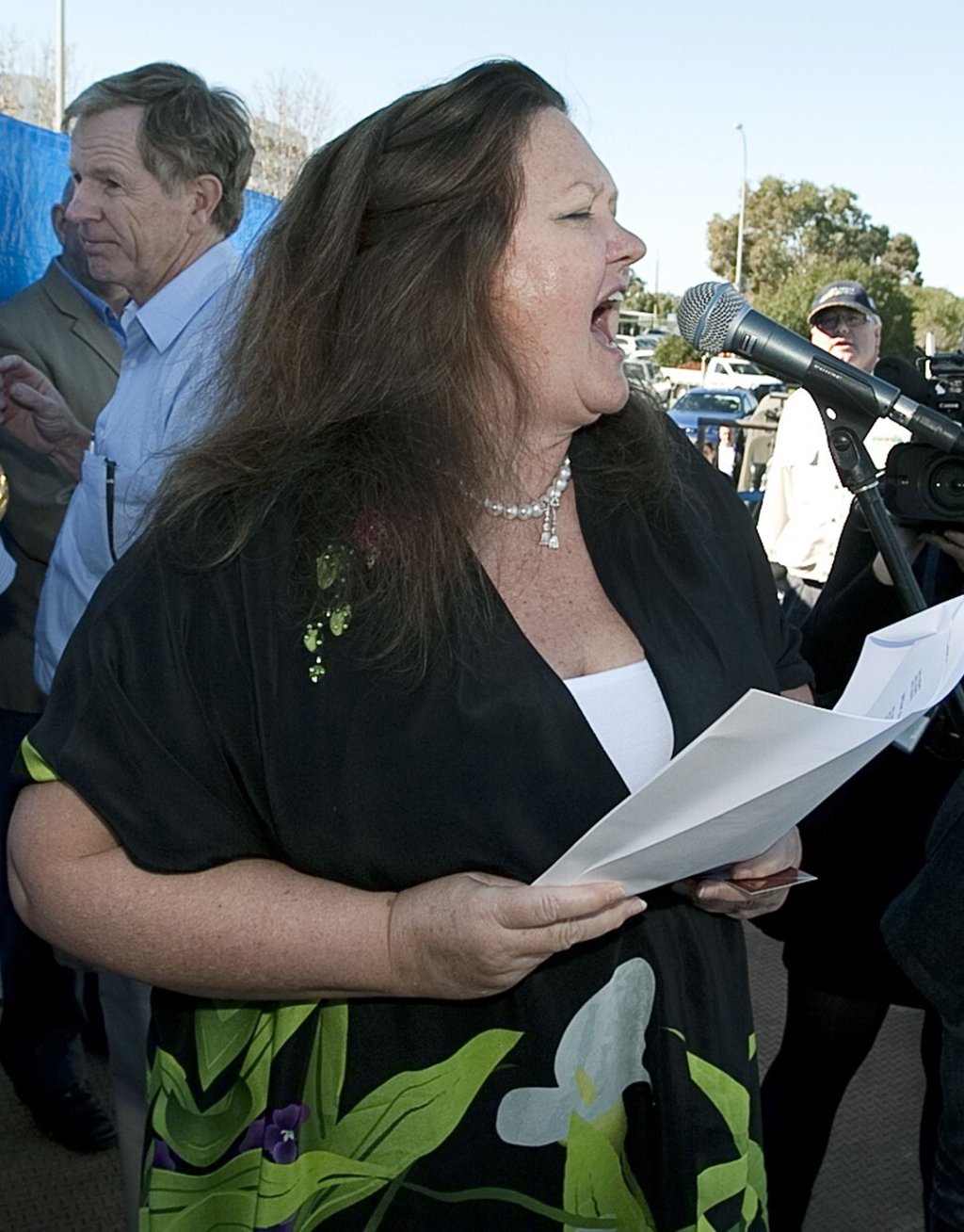 Australian mining magnate Gina Rinehart speaking at a rally in Perth on June 9, 2010. Photo:: AFP