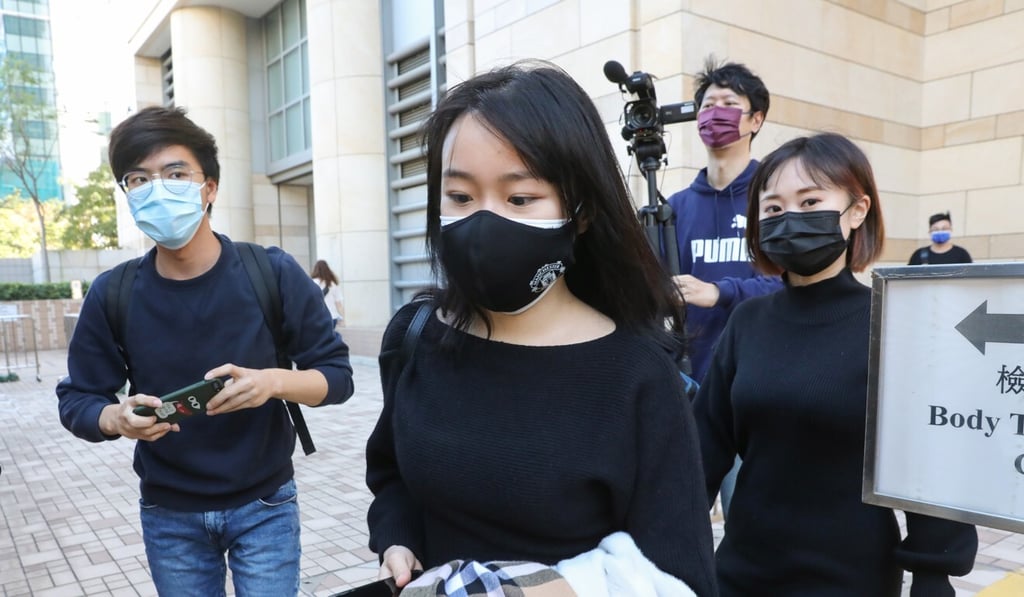 Janelle Leung (left) and Tiffany Yuen leave West Kowloon Court after pleading guilty to an unlawful assembly charge. Photo: K. Y. Cheng