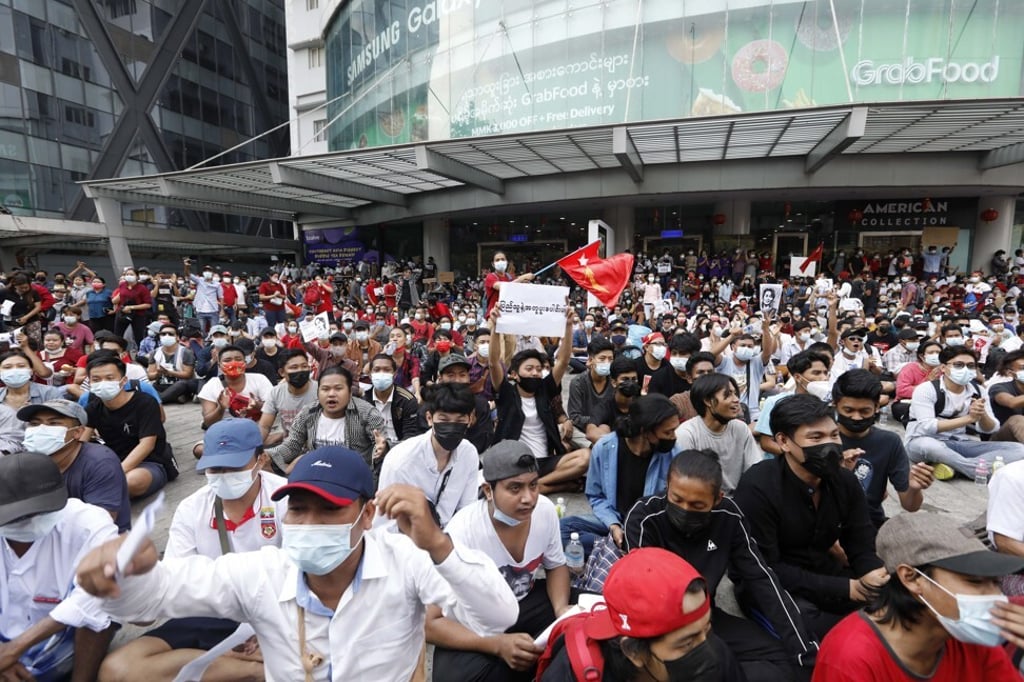 Demonstrators took to the streets of Yangon on Sunday to protest the military coup. Photo: EPA-EFE Demonstrators took to the streets of Yangon on Sunday to protest the military coup. Photo: EPA-EFE