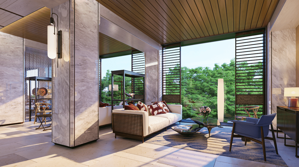 The lounge in Silversands’ French Riviera-themed clubhouse, created by Hong Kong-based architecture and design studio Via.