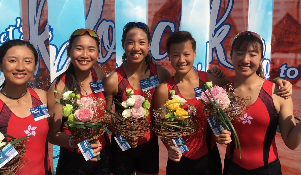 Winne Hung (centre) with the Hong Kong quads team who won gold at the 2019 World Coastal Rowing Championships. Photo: Handout Winne Hung (centre) with the Hong Kong quads team who won gold at the 2019 World Coastal Rowing Championships. Photo: Handout