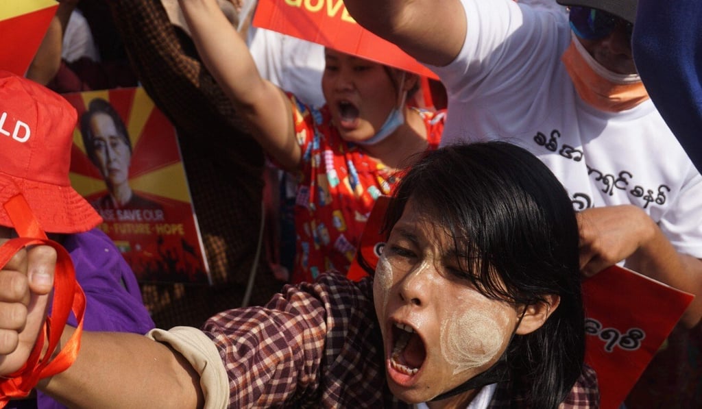 Protesters during a demonstration against the military coup in front of the Central Bank of Myanmar in Yangon on Tuesday. Photo: AFP
