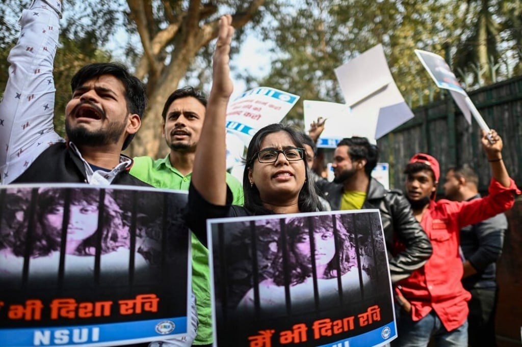 Activists from the National Students' Union of India protest against the arrest of climate activist Disha Ravi in New Delhi on February 17, 2021. Photo: AFP