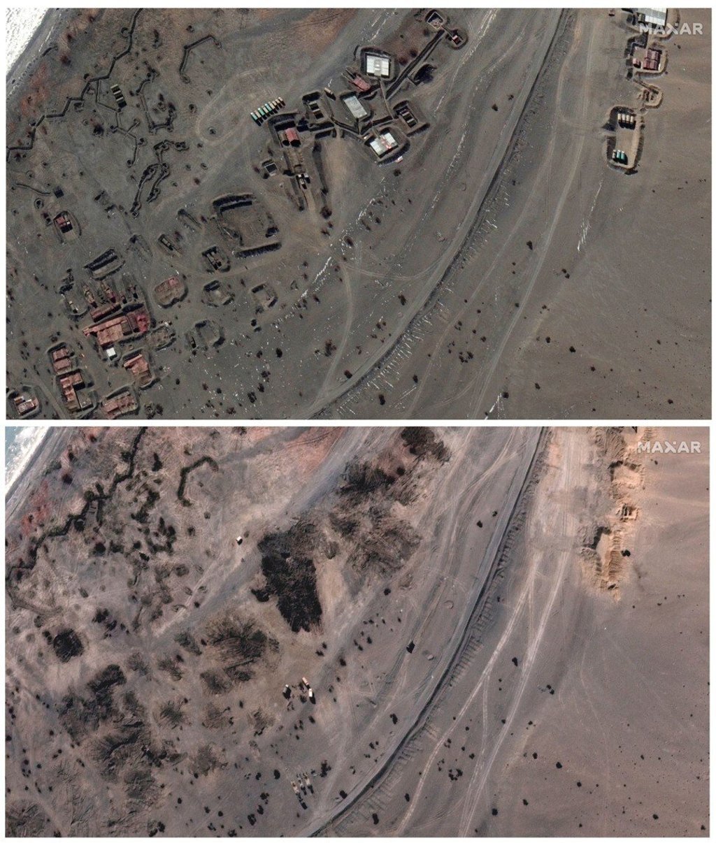 Revetments and equipment (top) and revetments and storage areas removed along an area known as Finger 6 at Pangong Tso, in satellite images provided by Maxar dated January 30 and February 16. Photos: Maxar Technologies/Reuters Revetments and equipment (top) and revetments and storage areas removed along an area known as Finger 6 at Pangong Tso, in satellite images provided by Maxar dated January 30 and February 16. Photos: Maxar Technologies/Reuters