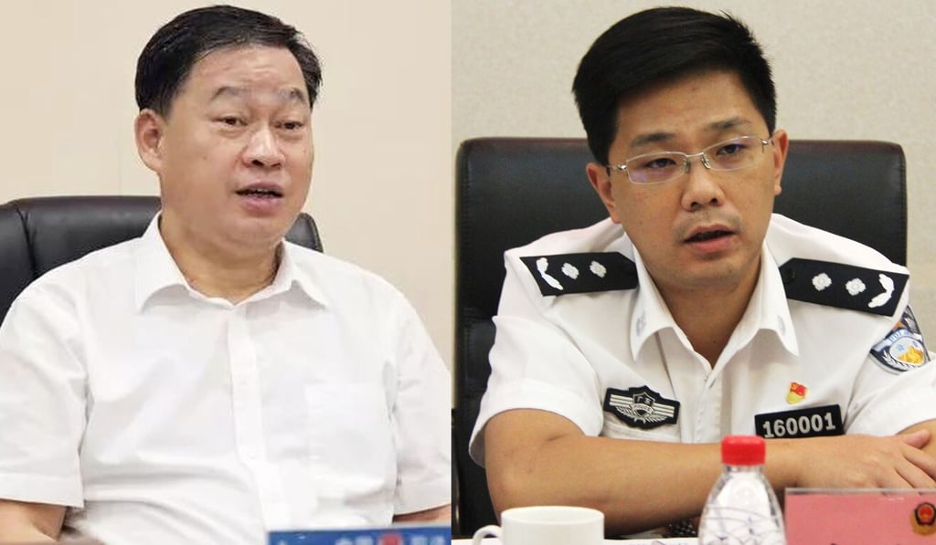 Zheng Zehui (right), deputy mayor and public security bureau head in Zhongshan, and Deng Jianwei, a standing committee member of Foshan and also the secretary of the political and legal committee, are two senior officials that have recently joined the agency. Photo: Handout Zheng Zehui (right), deputy mayor and public security bureau head in Zhongshan, and Deng Jianwei, a standing committee member of Foshan and also the secretary of the political and legal committee, are two senior officials that have recently joined the agency. Photo: Handout
