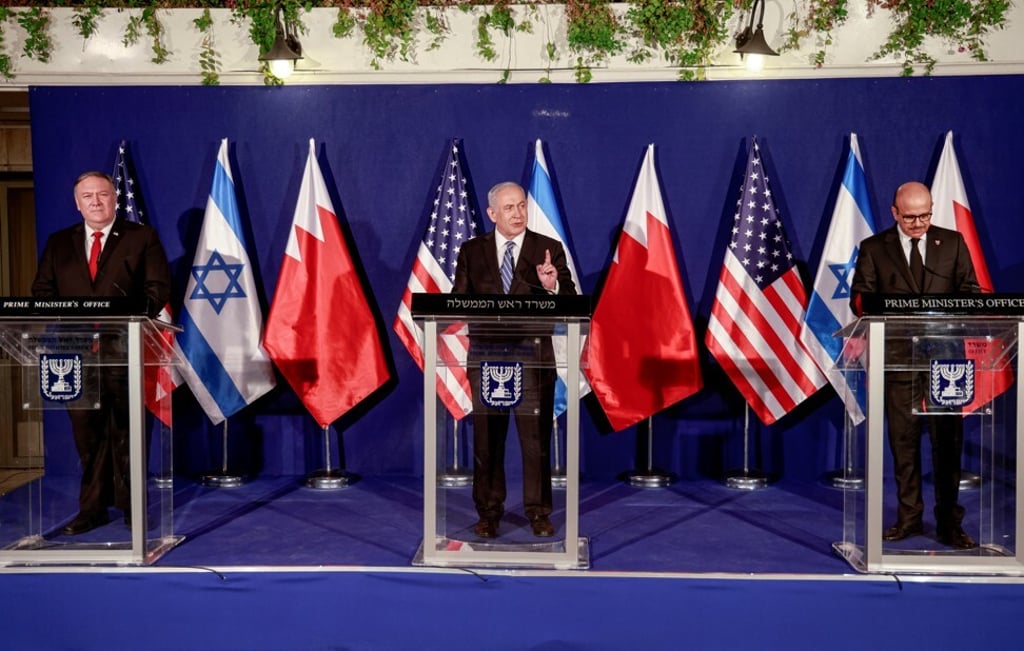 From left, former US Secretary of State Mike Pompeo, Israeli Prime Minister Benjamin Netanyahu and Bahrain's Foreign Minister Abdullatif Al Zayani in Jerusalem in November 18, 2020. Photo: Reuters