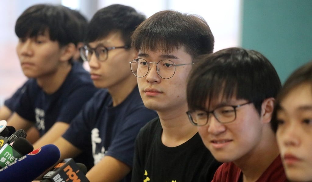 Davin Wong (centre) attends a Hong Kong press conference on August 22, 2019, when he was the acting president of Hong Kong University’s student union. Eight days later, he was attacked by a masked assailant. He fled Hong Kong the next day, never to return. Photo: K.Y. Cheng