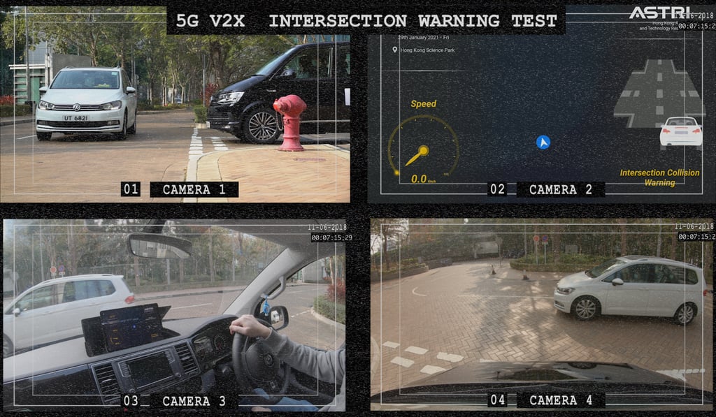 Sensors inside the C-V2X road-test car can warn the driver when there is a risk of the vehicle colliding with approaching traffic at a road junction. Sensors inside the C-V2X road-test car can warn the driver when there is a risk of the vehicle colliding with approaching traffic at a road junction.