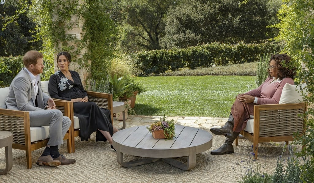Prince Harry and Meghan, the Duchess of Sussex, speak to US television host Oprah Winfrey. Photo: Harpo Productions via AP)