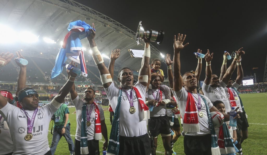 Fiji team members celebrate their victory against South Africa in the Cup final at the 2017 Hong Kong Sevens. Photo: K.Y. Cheng Fiji team members celebrate their victory against South Africa in the Cup final at the 2017 Hong Kong Sevens. Photo: K.Y. Cheng