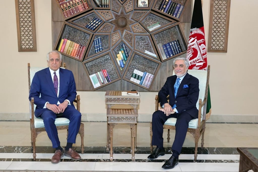 US envoy for peace in Afghanistan Zalmay Khalilzad, left, meets Abdullah Abdullah, Chairman of the High Council for National Reconciliation in Kabul, Afghanistan on March 1. Photo: High Council for National Reconciliation Press Office / Reuters