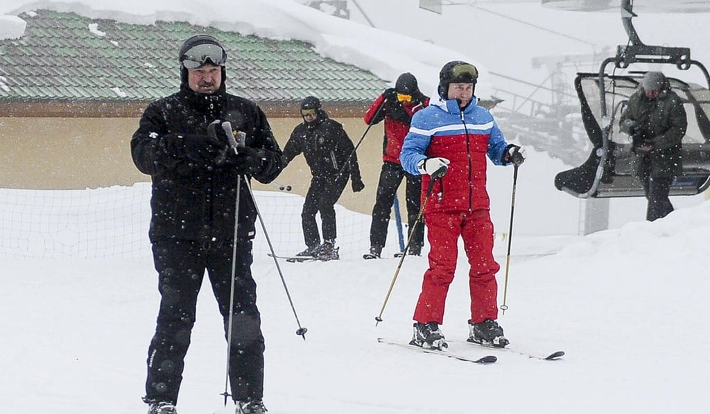 Russian President Vladimir Putin and Belarusian President Alexander Lukashenko ski at a mountain resort in Russia. Photo: AP
