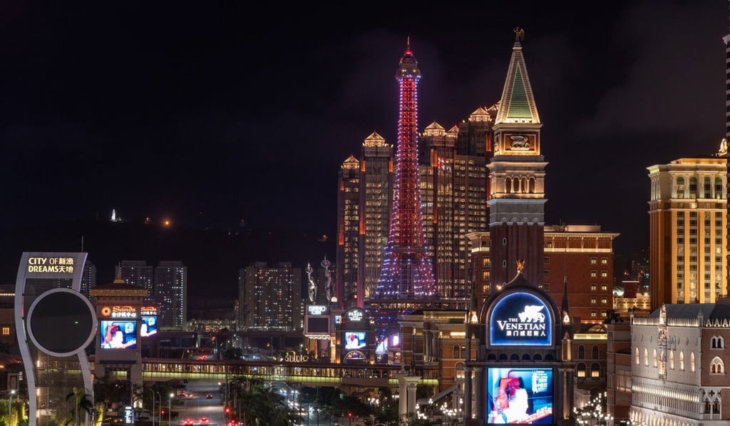 Casinos and hotels illuminated at night on the Cotai strip in Macau. The Macau economy is reliant on tourism. Photo: Bloomberg