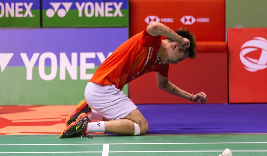 Lee Cheuk-yiu celebrates the victory after defeating Indonesia's Anthony Ginting in the men's singles final at the 2019 Hong Kong Open at the Coliseum in Hung Hom. Photo: Kelly Ho