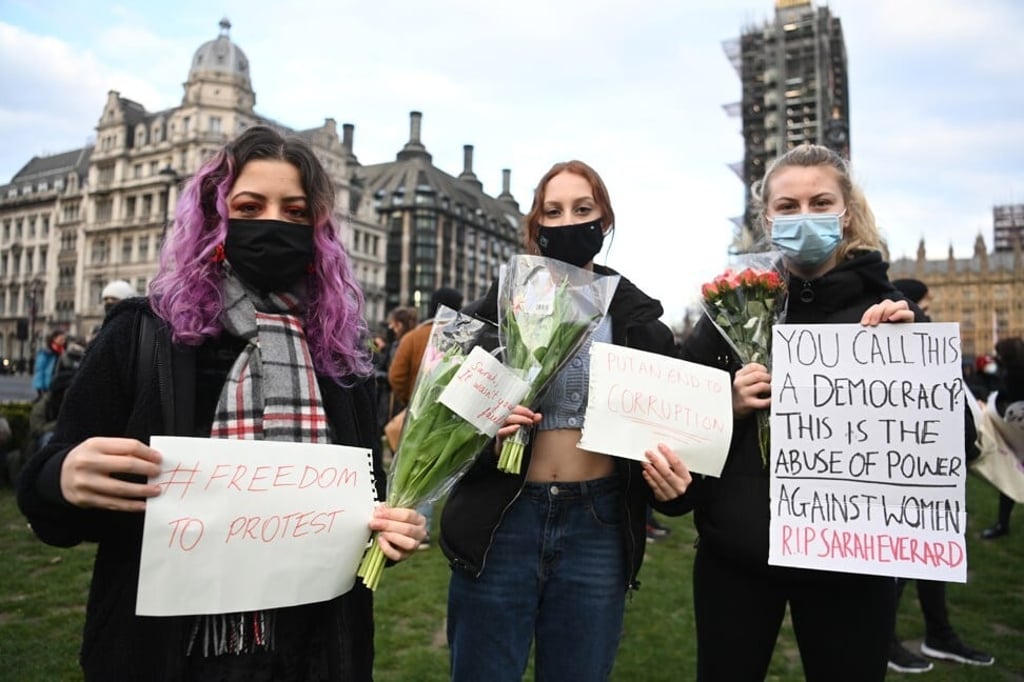 Protesters gather outside Parliament Square in London during a protest over the murder of Sarah Everard, in London on Monday. Photo: EPA-EFE Protesters gather outside Parliament Square in London during a protest over the murder of Sarah Everard, in London on Monday. Photo: EPA-EFE
