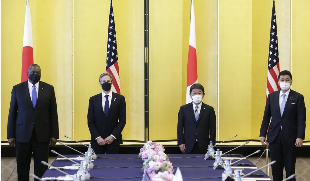 (From left) Lloyd Austin, Antony Blinken, Toshimitsu Motegi and Nobuo Kishi meet for diplomatic and security talks in Tokyo on Tuesday. Photo: Xinhua (From left) Lloyd Austin, Antony Blinken, Toshimitsu Motegi and Nobuo Kishi meet for diplomatic and security talks in Tokyo on Tuesday. Photo: Xinhua