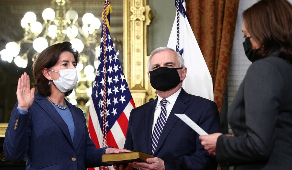 US Vice-President Kamala Harris holds a ceremonial swearing-in for Commerce Secretary Gina Raimondo as Senator Jack Reed holds the Bible, at the White House in Washington on March 3, 2021. Photo: Reuters US Vice-President Kamala Harris holds a ceremonial swearing-in for Commerce Secretary Gina Raimondo as Senator Jack Reed holds the Bible, at the White House in Washington on March 3, 2021. Photo: Reuters