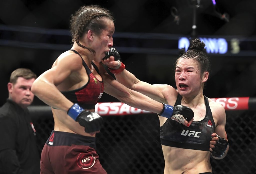 Zhang Weili punches Joanna Jedrzejczyk during UFC 248 at T-Mobile Arena in Las Vegas. Photo: Steve Marcus/Las Vegas Sun via AP Zhang Weili punches Joanna Jedrzejczyk during UFC 248 at T-Mobile Arena in Las Vegas. Photo: Steve Marcus/Las Vegas Sun via AP