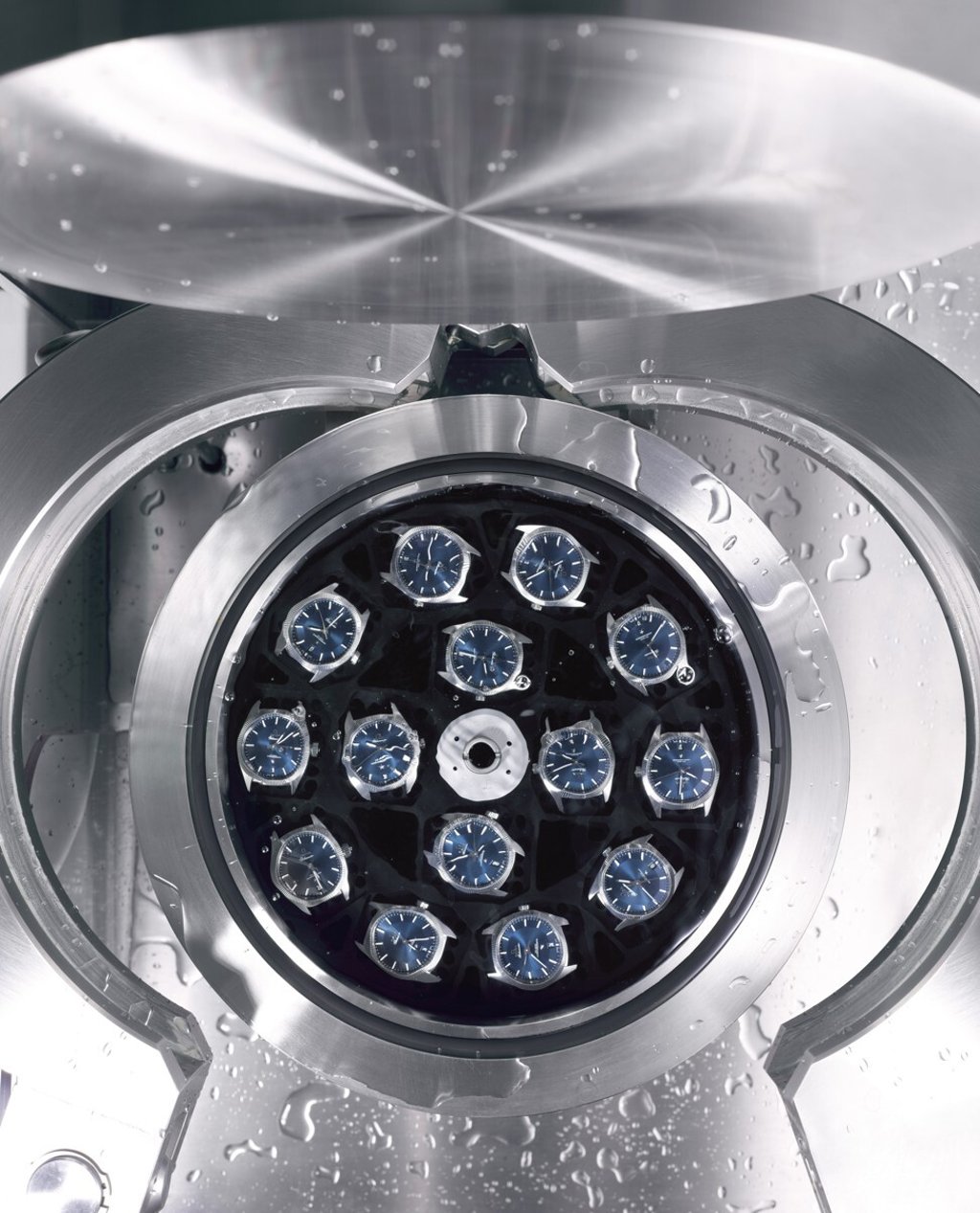 One of the Master Chronometer certification tests submerges watches in a tank to check them for water resistance. Photo: Omega