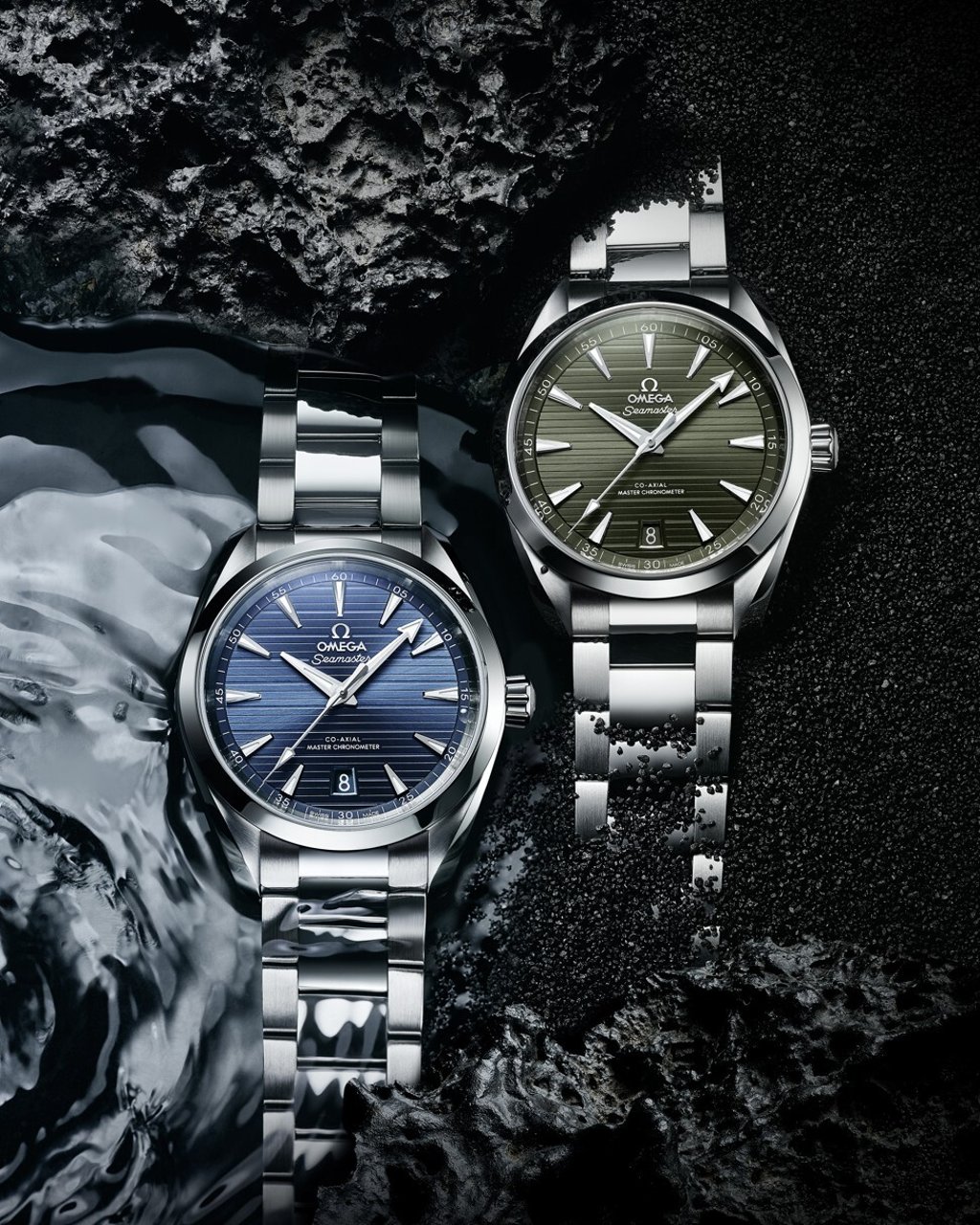 Omega adds dashes of colour to its Aqua Terra line with blue and green dials. Photo: Omega Omega adds dashes of colour to its Aqua Terra line with blue and green dials. Photo: Omega