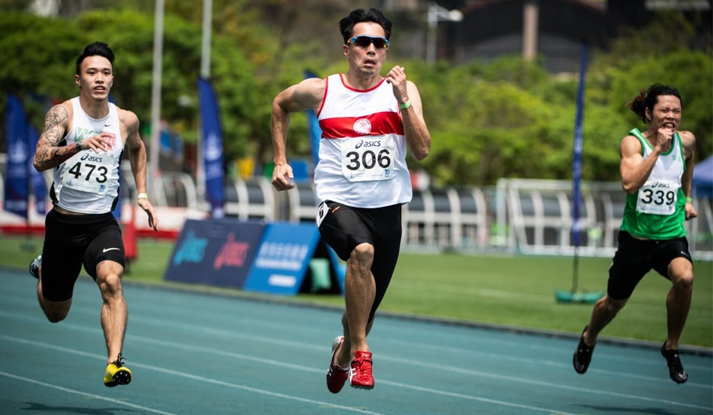 Sprinter Ng Ka-fung (centre) on his way to winning the men’s 100 metres. Photo: HKAAA