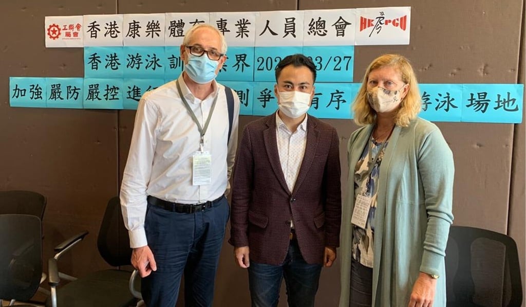 Swimming coach Michael Fasching, Legislative Council member Aron Kwok Wai-keung and Jayne Wright, the Harry Wright International Swim School’s director of swimming say they have not been given an explanation from the government as to why pools are still closed. Photo: Handout