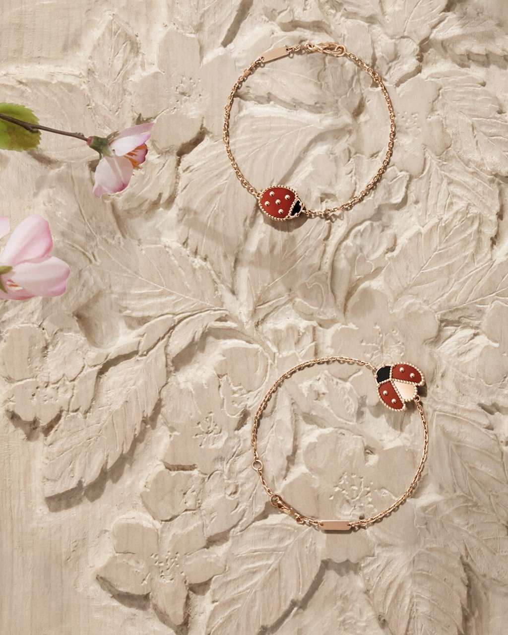 Inspired by the ladybugs of Lucky Spring, French designers Céline Thibault and Géraud Pellottiero created bas-relief cherry wood carvings to complement the collection. Photo: Van Cleef & Arpels Inspired by the ladybugs of Lucky Spring, French designers Céline Thibault and Géraud Pellottiero created bas-relief cherry wood carvings to complement the collection. Photo: Van Cleef & Arpels