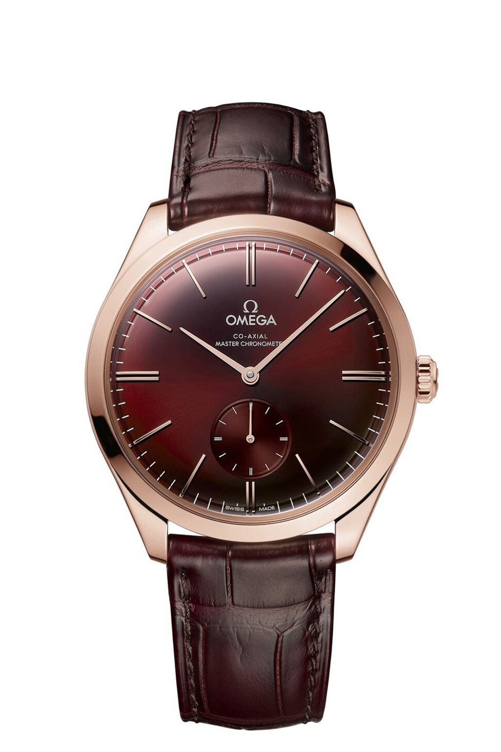 The new De Ville Trésor Power Reserve is offered in 18-carat Sedna gold with a burgundy dial and matching leather strap. Photo: Omega The new De Ville Trésor Power Reserve is offered in 18-carat Sedna gold with a burgundy dial and matching leather strap. Photo: Omega