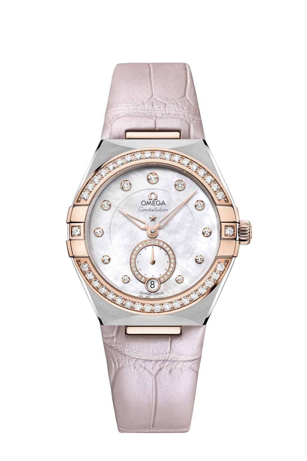 One version of the Constellation Small Seconds features a mother-of-pearl dial and a coordinating leather strap. Photo: Omega One version of the Constellation Small Seconds features a mother-of-pearl dial and a coordinating leather strap. Photo: Omega