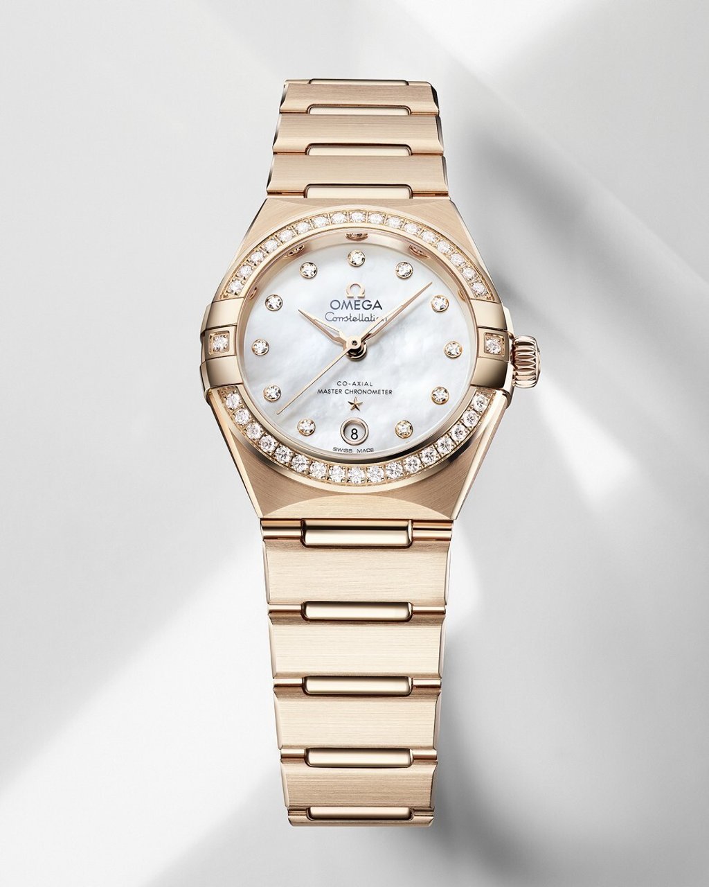 The Constellation’s diamond-paved bezel stands out against the reddish-gold tone of Omega’s 18-carat Sedna gold. Photo: Omega