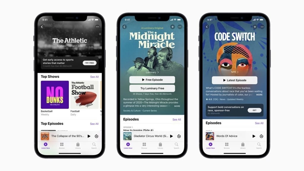 Apple Podcasts’ new subscription service was unveiled by the iPhone maker at its latest product launch event in Cupertino, California, on April 20, 2021. Photo: EPA-EFE Apple Podcasts’ new subscription service was unveiled by the iPhone maker at its latest product launch event in Cupertino, California, on April 20, 2021. Photo: EPA-EFE