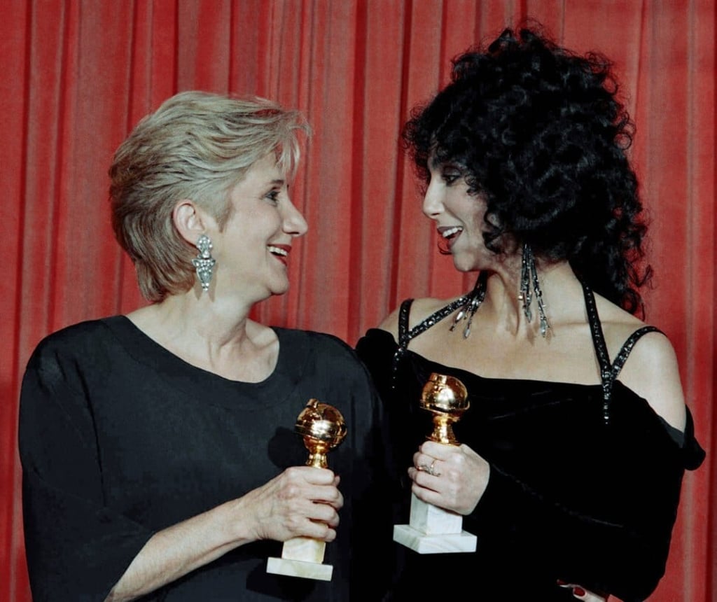 Olympia Dukakis, left, and Cher with their Golden Globes for their performances in Moonstruck in 1988. Photo: AP