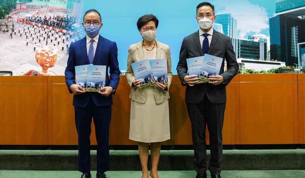 (L-R) Secretary for Constitutional and Mainland Affairs Erick Tsang, Chief Executive Carrie Lam and Permanent Secretary for Constitutional and Mainland Affairs Roy Tang. Photo: Sam Tsang