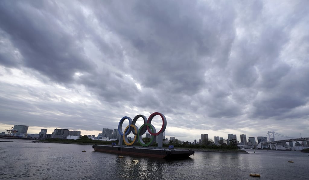 The Olympic rings floating in the water in the Odaiba section in Tokyo. Photo: AP The Olympic rings floating in the water in the Odaiba section in Tokyo. Photo: AP