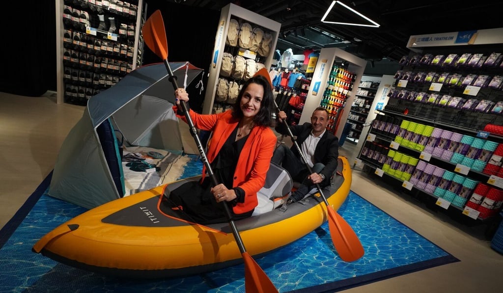 Decathlon Hong Kong co-CEOs Lisa Noraz and Hugo Jehlen at the soft opening of their new store in New Town Plaza. Photo: Felix Wong