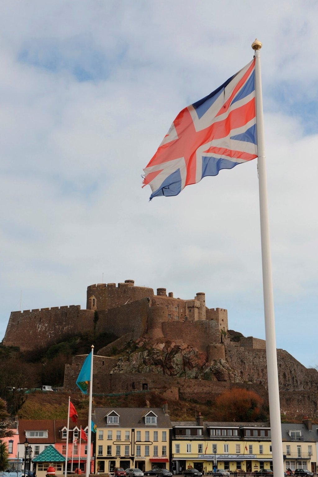 A Union flag is seen near the Mont Orgueil Castle at Gorey Harbour in Jersey in February 2008. Photo: Reuters