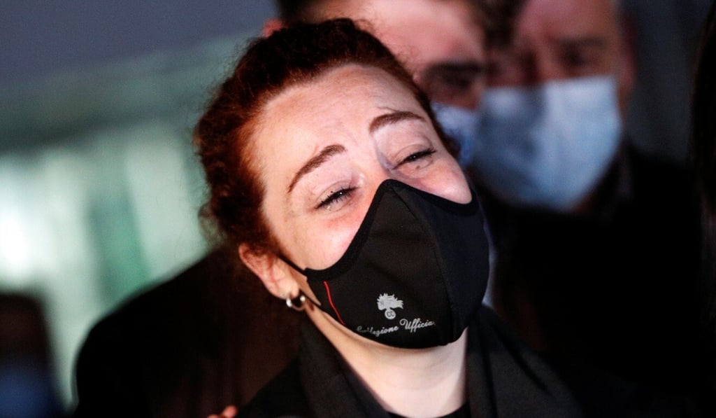 Rosa Maria Esilio, widow of slain police officer Mario Cerciello Rega, reacts as she speaks to the media after two Americans were found guilty of the murder in Rome on Wednesday. Photo: Reuters