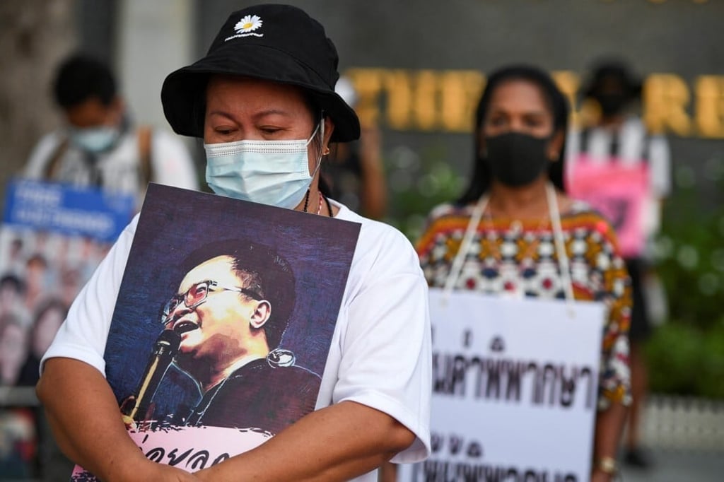 Malai Nampha, the mother of arrested anti-government protest leader Arnon Nampa, at a demonstration demanding his release in Bangkok. Photo: Reuters