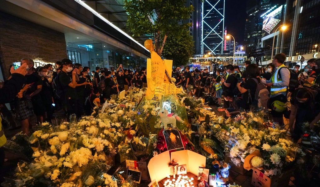Anti-government protesters attend a memorial on June 15, 2020, to mark the one-year anniversary of the death of Marco Leung. Photo: Felix Wong