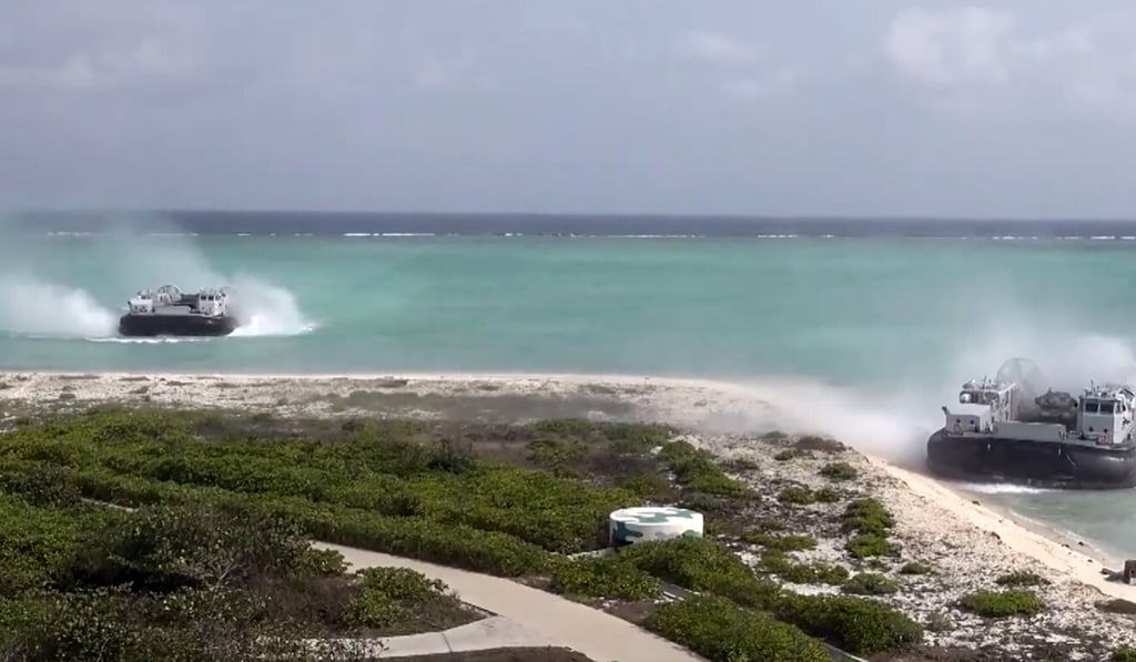 The Marine Corps use landing craft during the island exercise. Photo: PLA Navy