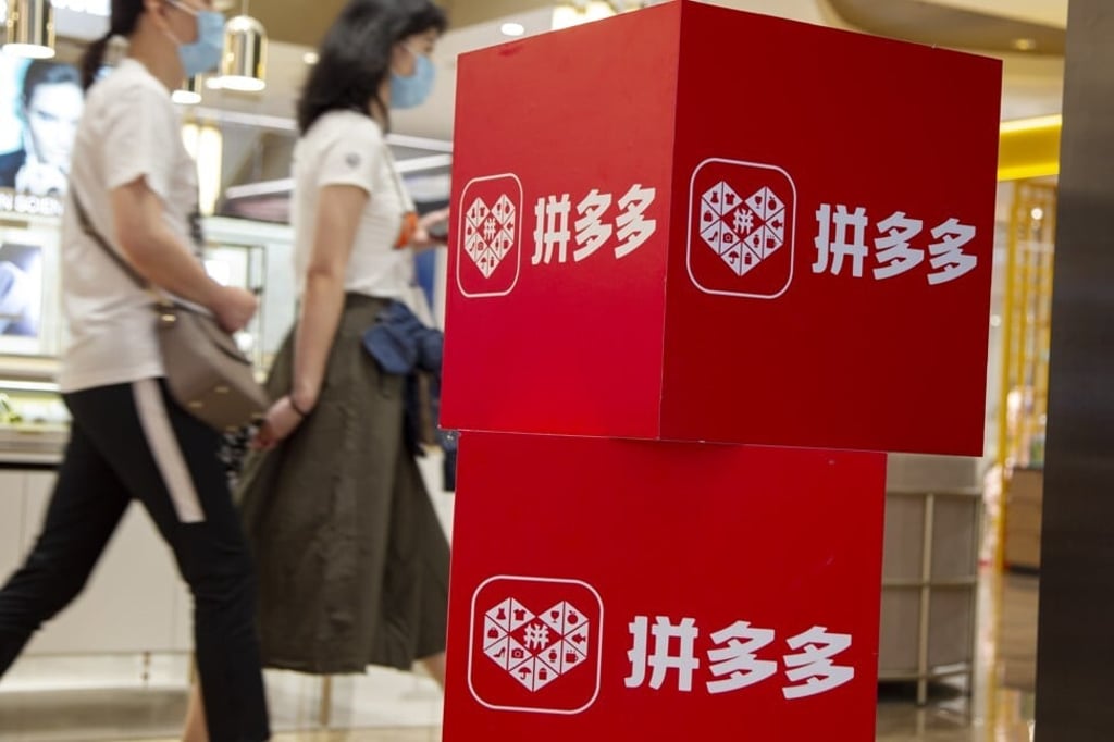 Logo of Pinduoduo, a discount online shopping platform, on a box in a shopping mall during the 5.5 Shopping Festival in Shanghai on May 2, 2020. Photo: Imaginechina via AFP. Logo of Pinduoduo, a discount online shopping platform, on a box in a shopping mall during the 5.5 Shopping Festival in Shanghai on May 2, 2020. Photo: Imaginechina via AFP.