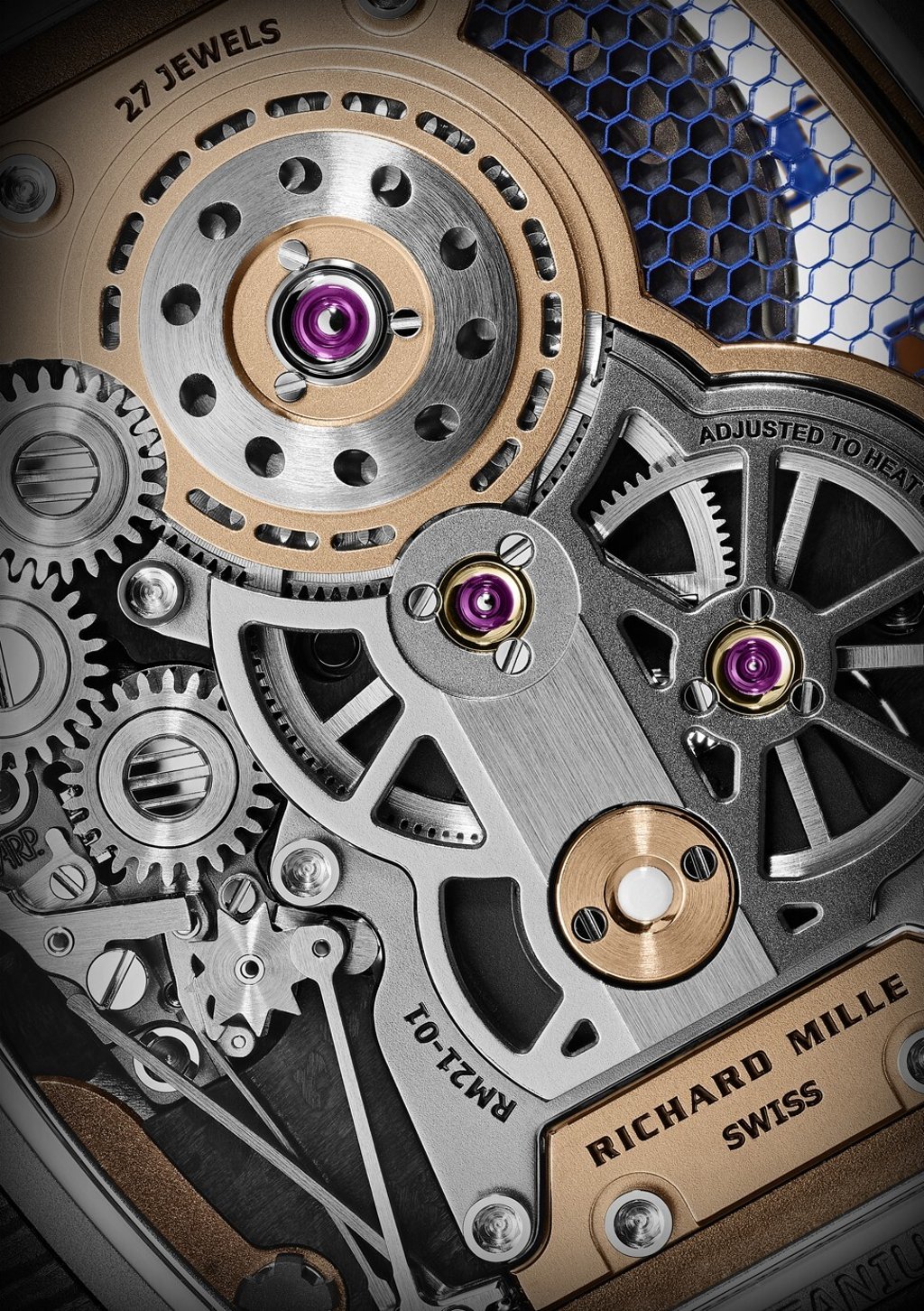 The timepiece is powered by the in-house Calibre RM21-01, a manual-winding tourbillon that can be observed through both the front and back of the case. Photo: Richard Mille The timepiece is powered by the in-house Calibre RM21-01, a manual-winding tourbillon that can be observed through both the front and back of the case. Photo: Richard Mille