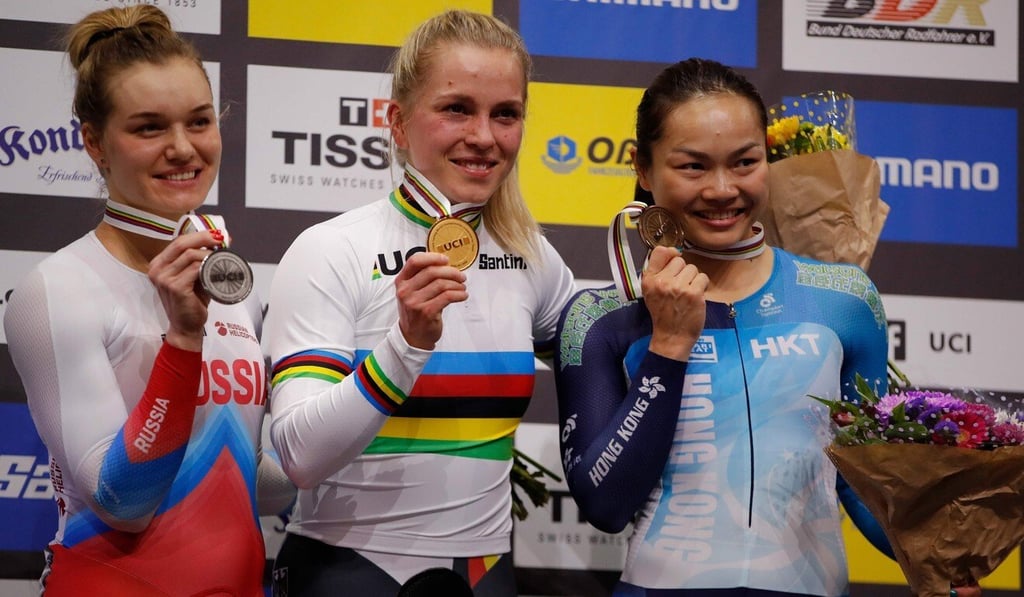 UCI Track Cycling World Championship silver medallist Anastasiia Voinova of Russia (left), gold medallist Emma Hinze of Germany (centre), and bronze medallist Sarah Lee of Hong Kong on the podium in Berlin in February 2020. Photo: AFP