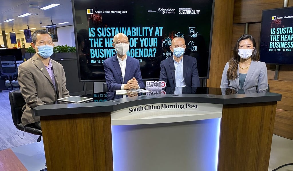 (From left) SCMP's Correspondent Eric Ng moderated SCMP Conversations: Sustainability webinar titled ‘Is sustainability at the heart of your business agenda?’ on Thursday. He was joined on the panel by Environment Secretary Wong Kam-sing, Schneider Electric’s chief strategy and sustainability officer Olivier Blum and New World Development’s head of sustainability Ellie Tang. Photo: Eva Cheung (From left) SCMP's Correspondent Eric Ng moderated SCMP Conversations: Sustainability webinar titled ‘Is sustainability at the heart of your business agenda?’ on Thursday. He was joined on the panel by Environment Secretary Wong Kam-sing, Schneider Electric’s chief strategy and sustainability officer Olivier Blum and New World Development’s head of sustainability Ellie Tang. Photo: Eva Cheung