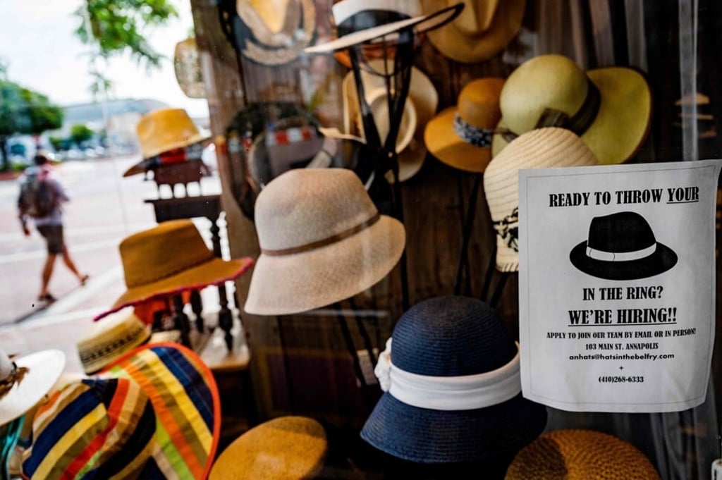 A hat store in Annapolis, Maryland, US, advertises that it’s hiring on May 12. Officials have been at pains to reassure investors that their plans to steer the pandemic-ravaged global economy back to recovery are on track. Photo: AFP
